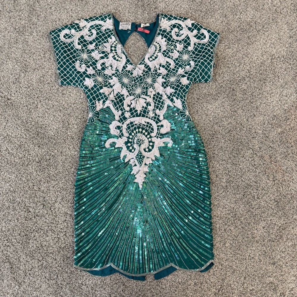 Vintage Stenay Teal Beaded Sequin 80’s 90’s Formal Dress Silk Party Women’s US 6
